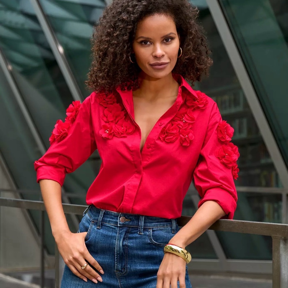 Boston Proper Red Floral Button Down Shirt